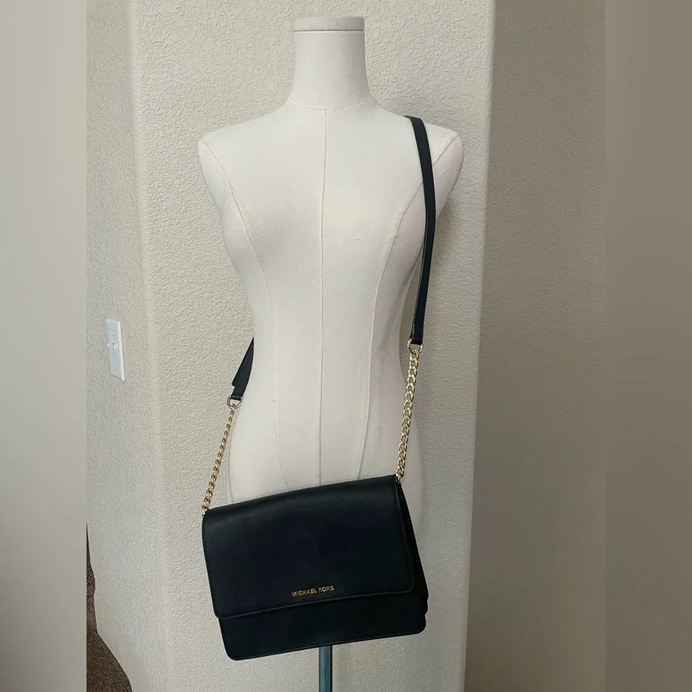 Michael Kors Black Saffiano Leather Crossbody Shoulder Bag Gold Chain